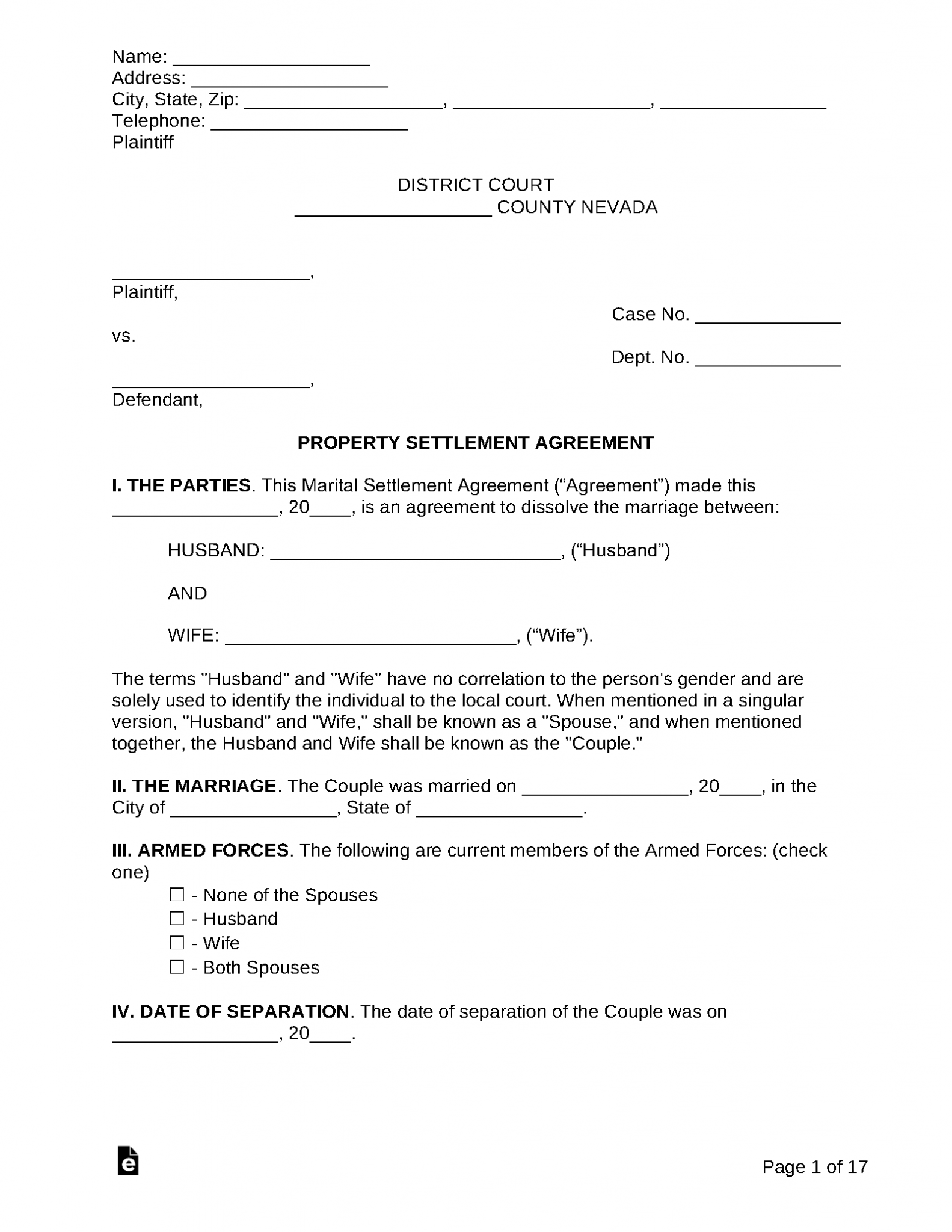 free nevada marital settlement divorce agreement pdf word eforms