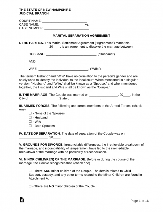 New Hampshire Marital Settlement (Divorce) Agreement