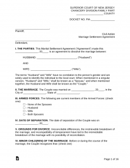 New Jersey Marital Settlement (Divorce) Agreement