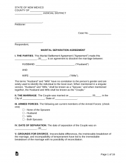 New Mexico Marital Settlement (Divorce) Agreement