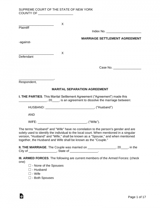 New York Marital Settlement (Divorce) Agreement