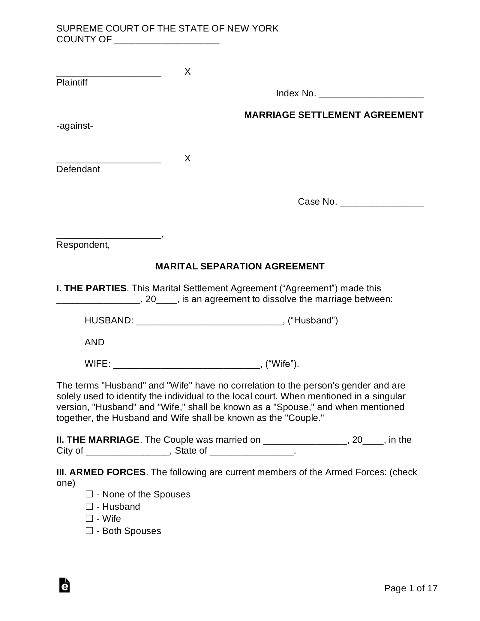 New York Marital Settlement (Divorce) Agreement