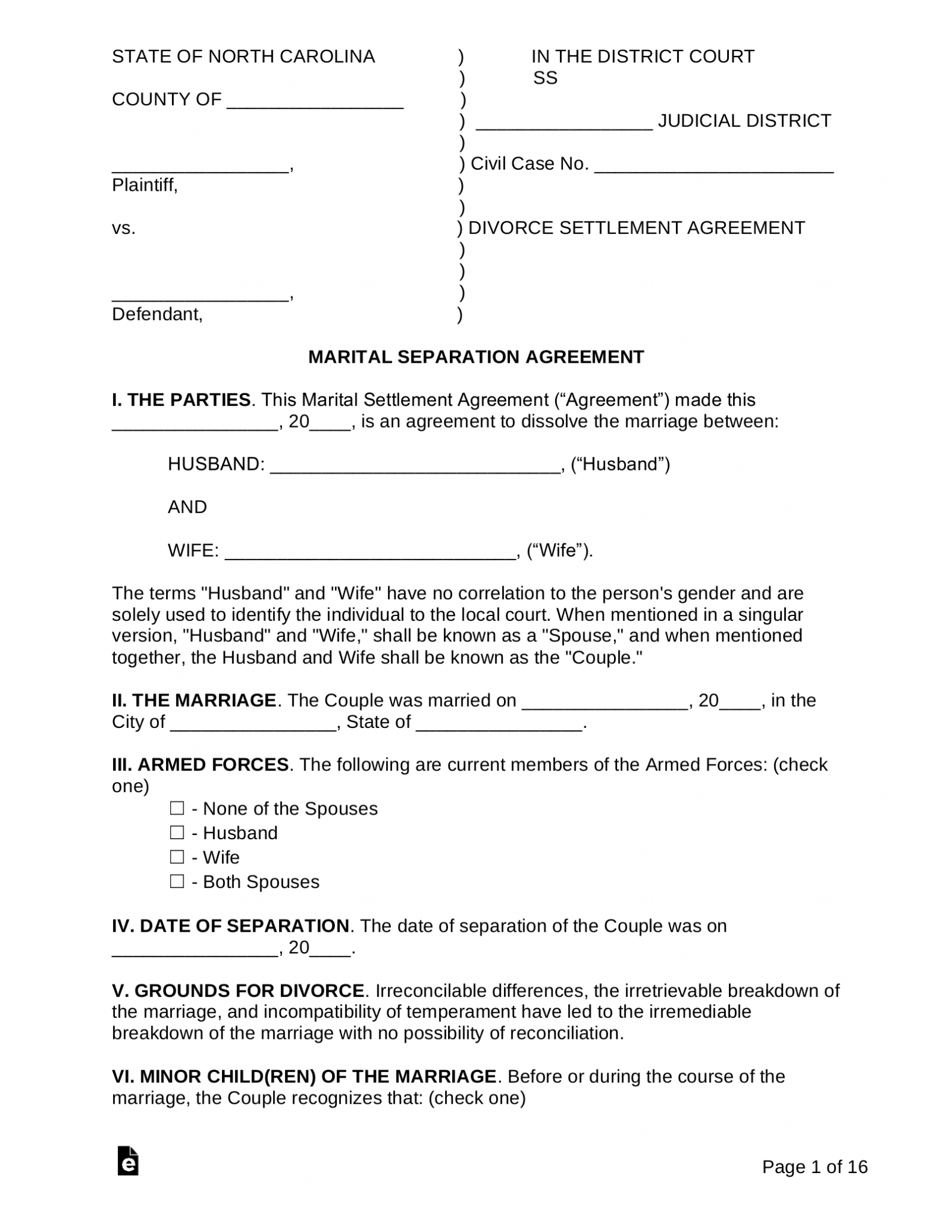 Free North Carolina Marital Settlement (Divorce) Agreement PDF Word