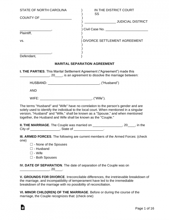 Free North Carolina Marital Settlement Divorce Agreement PDF Word EForms