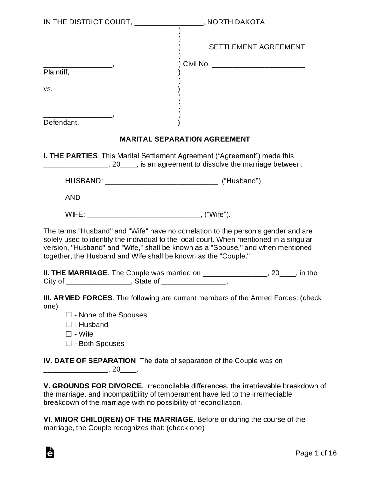 free north dakota marital settlement agreement pdf word eforms