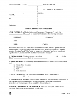 North Dakota Marital Settlement (Divorce) Agreement