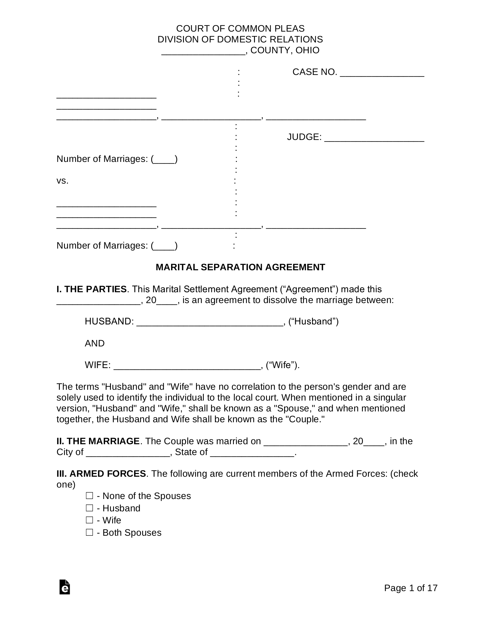 Free Ohio Marital Settlement (Divorce) Agreement PDF Word eForms