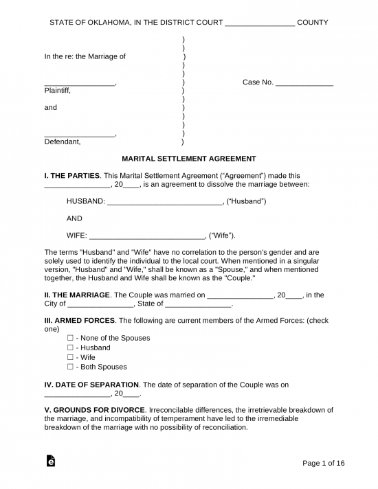 Oklahoma Marital Settlement (Divorce) Agreement