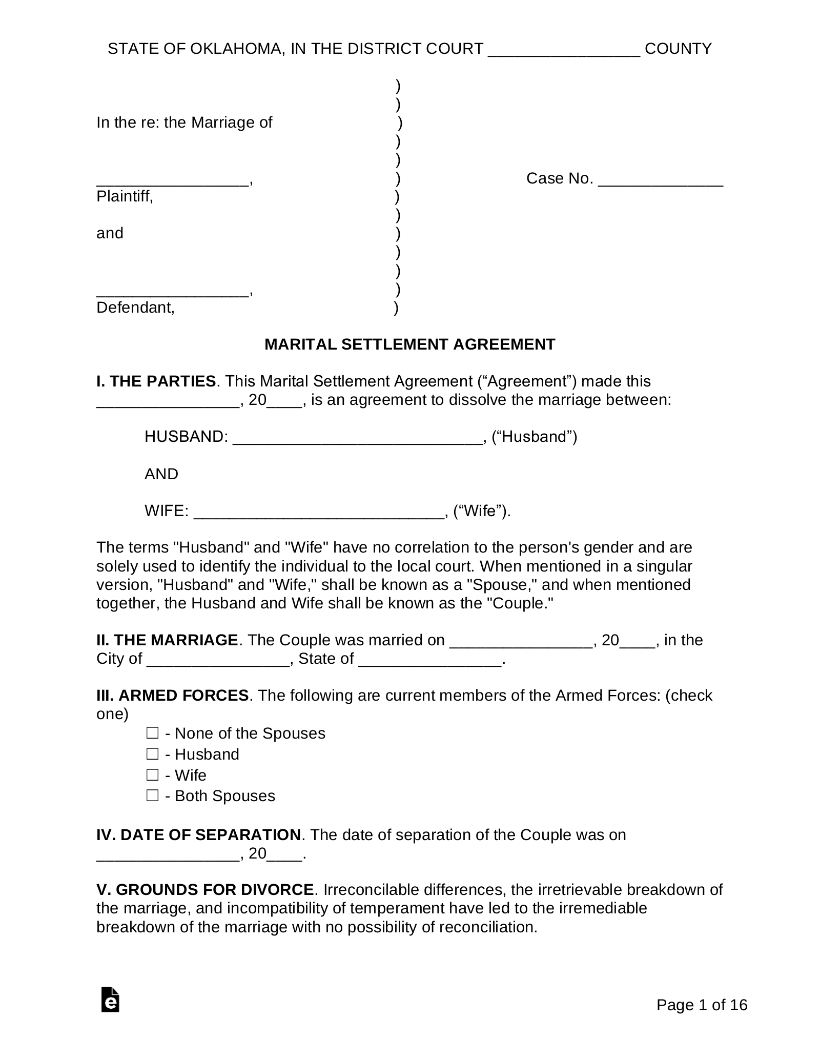 Free Oklahoma Marital Settlement Divorce Agreement PDF Word EForms