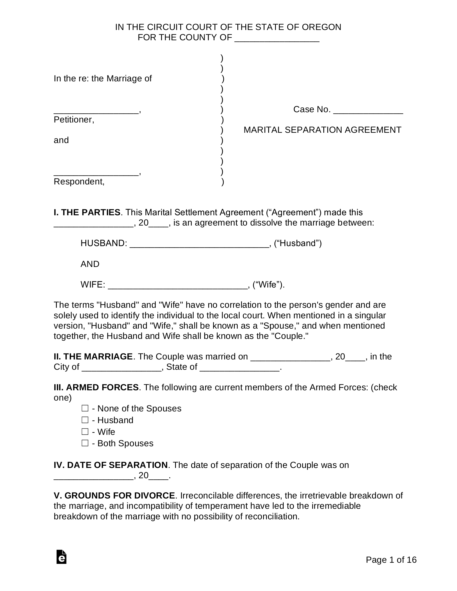 Free Oregon Marital Settlement (Divorce) Agreement PDF Word eForms