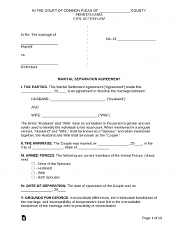 Pennsylvania Marital Settlement (Divorce) Agreement