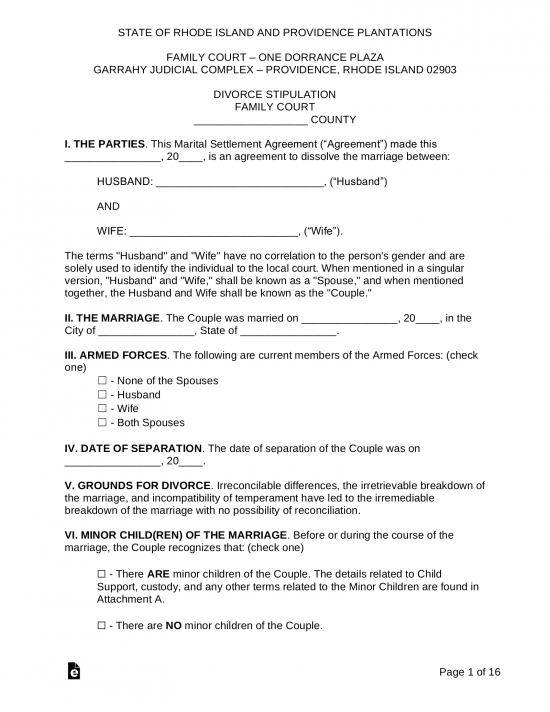 Rhode Island Marital Settlement (Divorce) Agreement