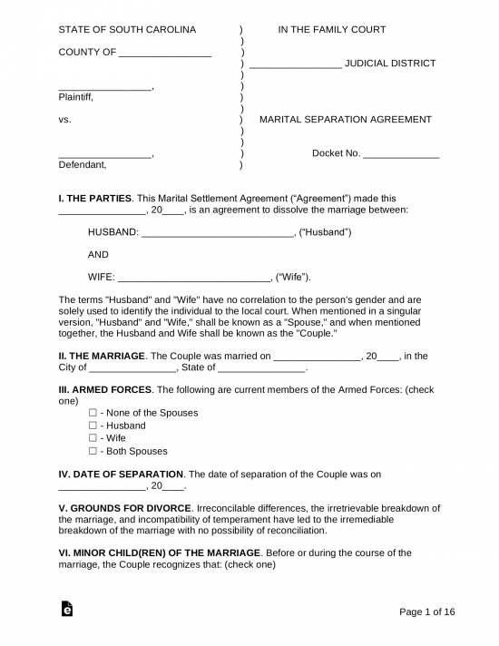 South Carolina Marital Settlement (Divorce) Agreement
