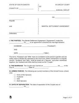 South Dakota Marital Settlement (Divorce) Agreement