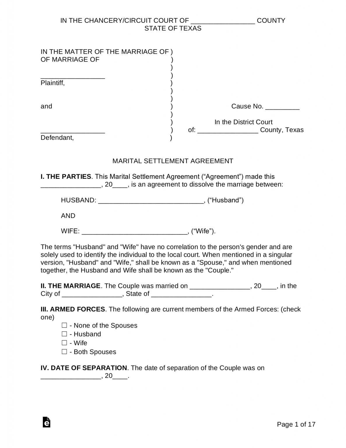 Free Texas Marital Settlement (Divorce) Agreement PDF Word eForms