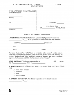 Texas Marital Settlement (Divorce) Agreement