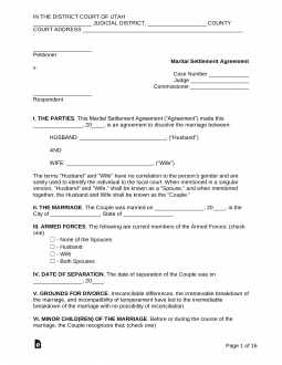 Utah Marital Settlement (Divorce) Agreement