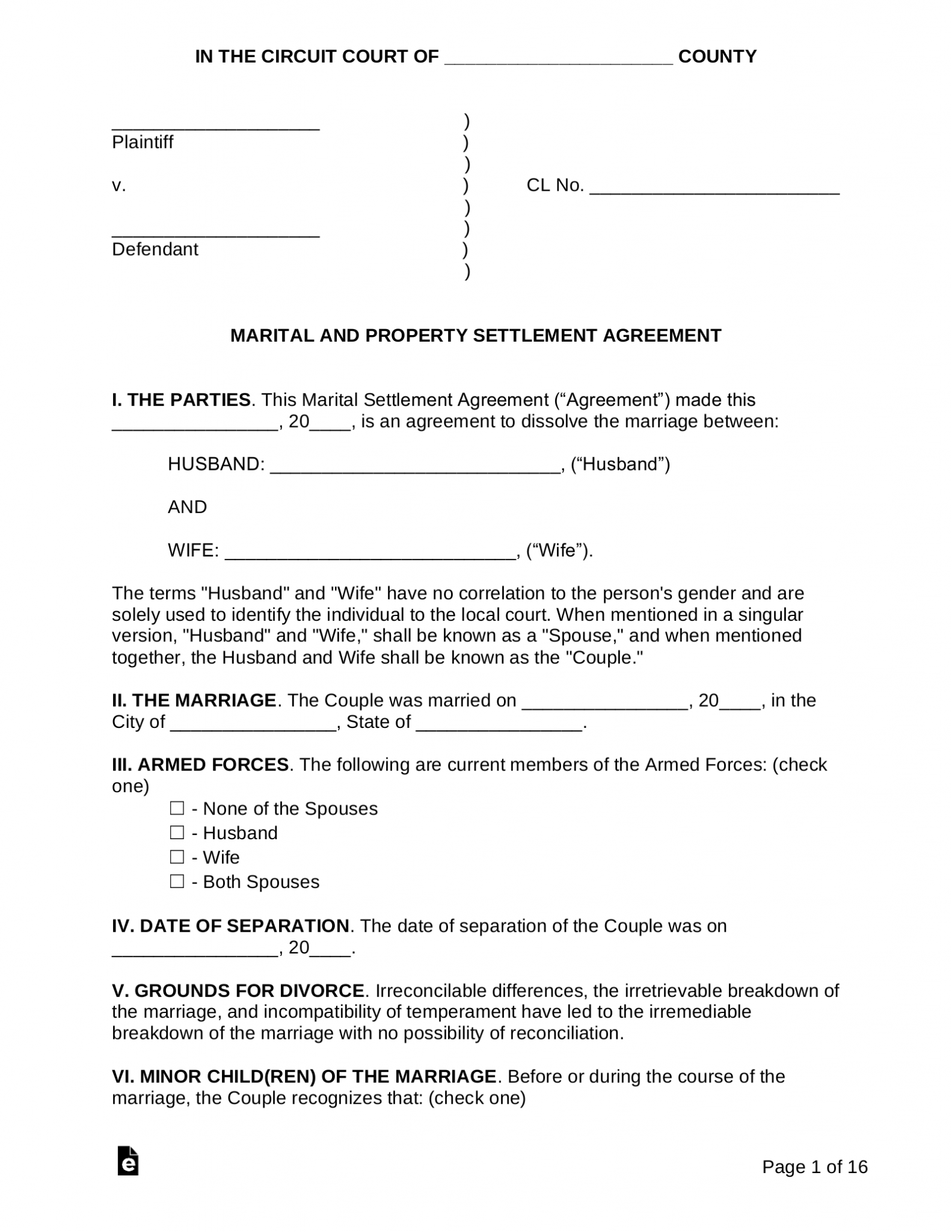 Free Virginia Marital Settlement (Divorce) Agreement PDF Word eForms
