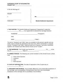 Free Washington Marital Settlement (Divorce) Agreement PDF Word