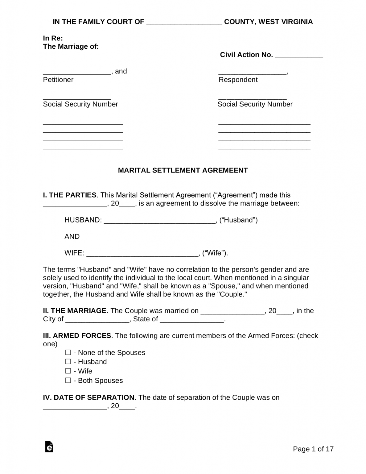 Free West Virginia Marital Settlement (Divorce) Agreement PDF Word
