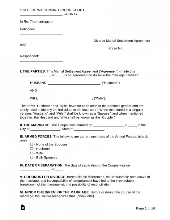 Wisconsin Marital Settlement (Divorce) Agreement