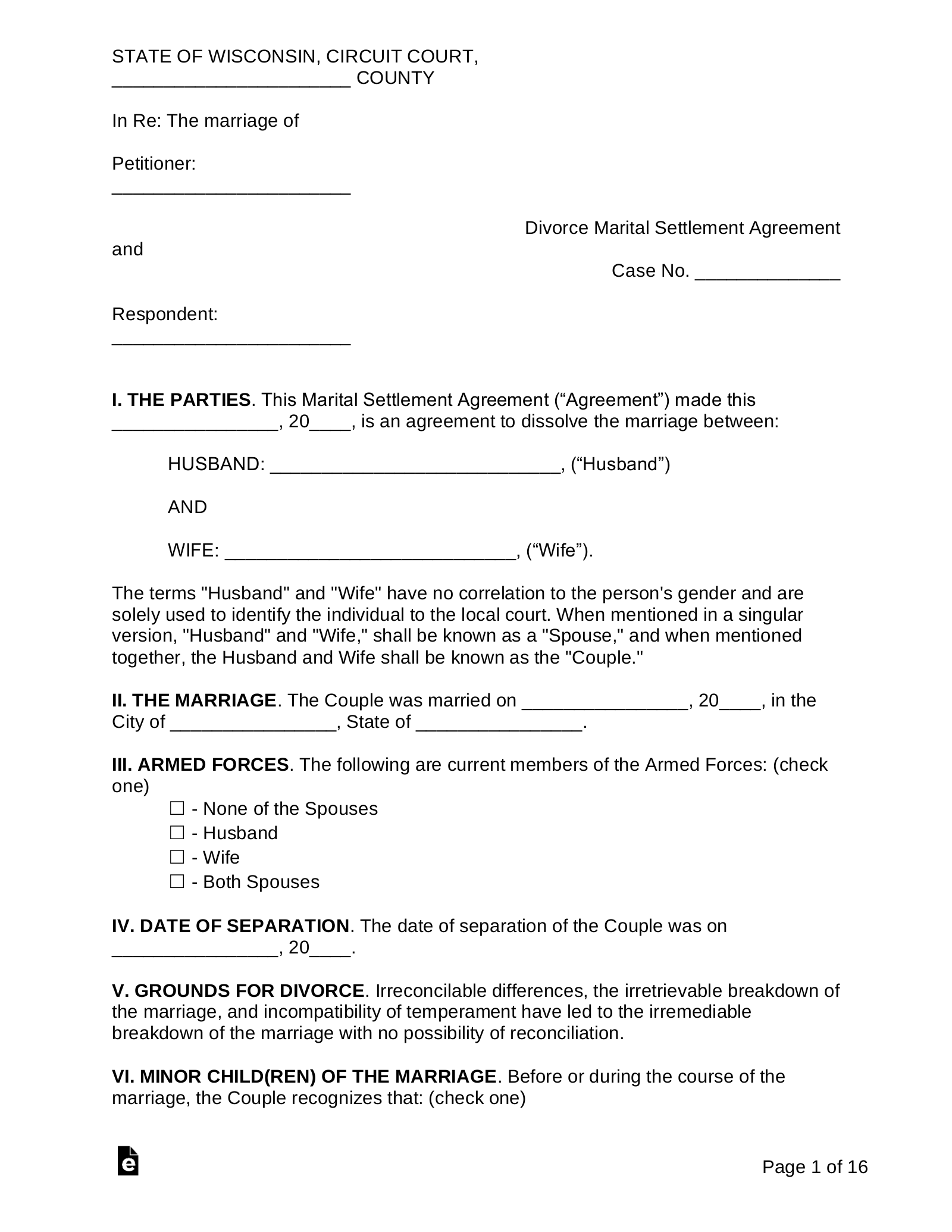 Free Wisconsin Marital Settlement (Divorce) Agreement PDF Word eForms