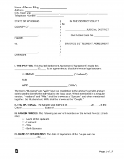 Wyoming Marital Settlement (Divorce) Agreement