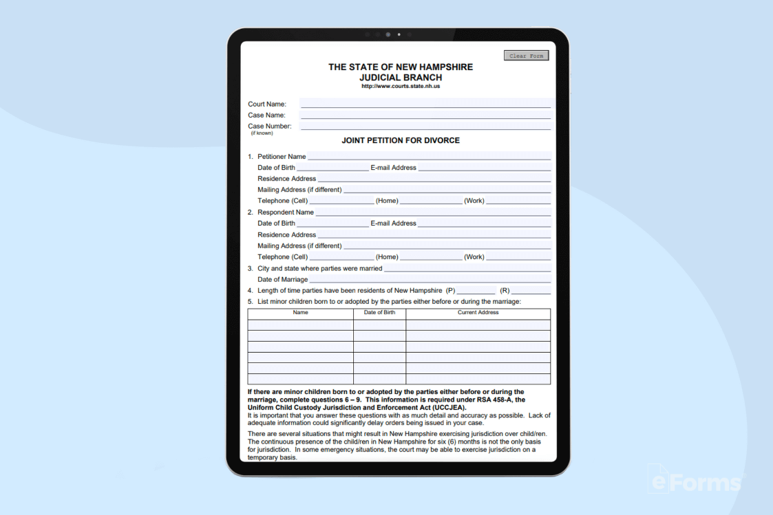 New Hampshire Joint Petition for divorce form featured on an iPad screen