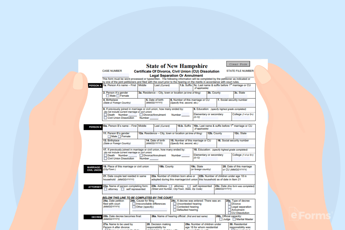 A state of New Hampshire legal separation form being held by a person