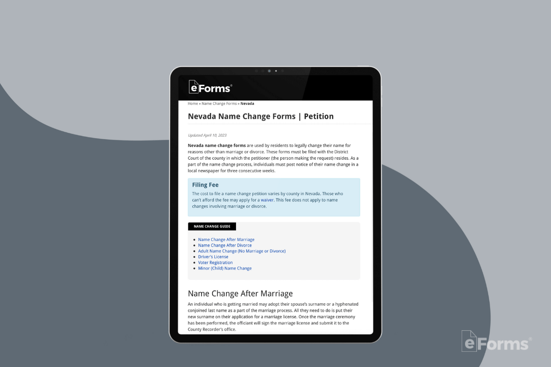 An iPad showing a name change form online at eforms.com