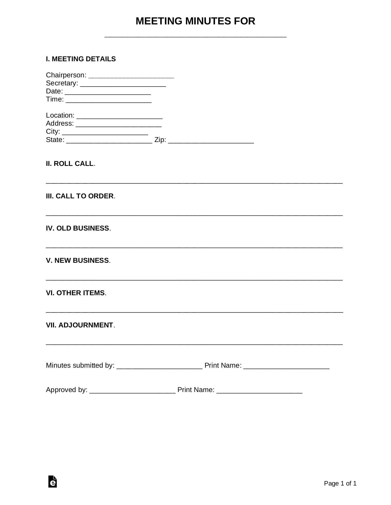 Free 1Page Meeting Minutes Template Sample PDF Word eForms