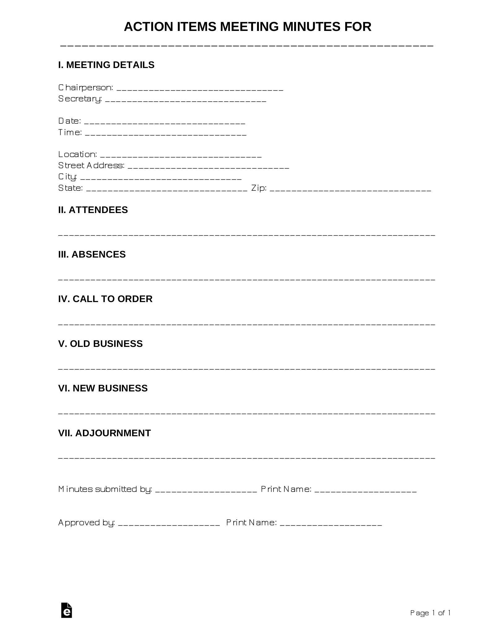 Free Action Items Meeting Minutes Template PDF Word EForms