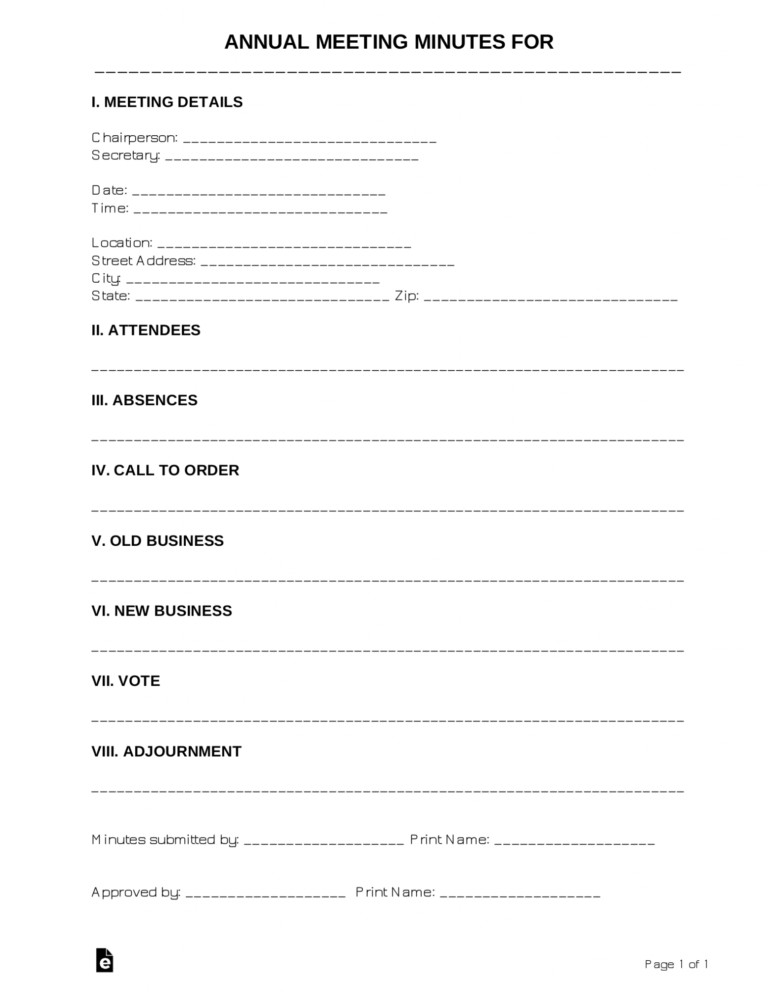 Free Annual Meeting Minutes Template Sample PDF Word eForms
