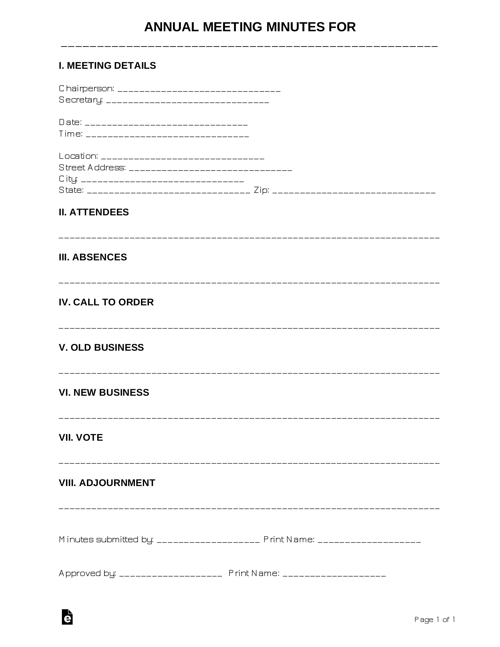 Free Annual Meeting Minutes Template Sample Pdf Word Eforms