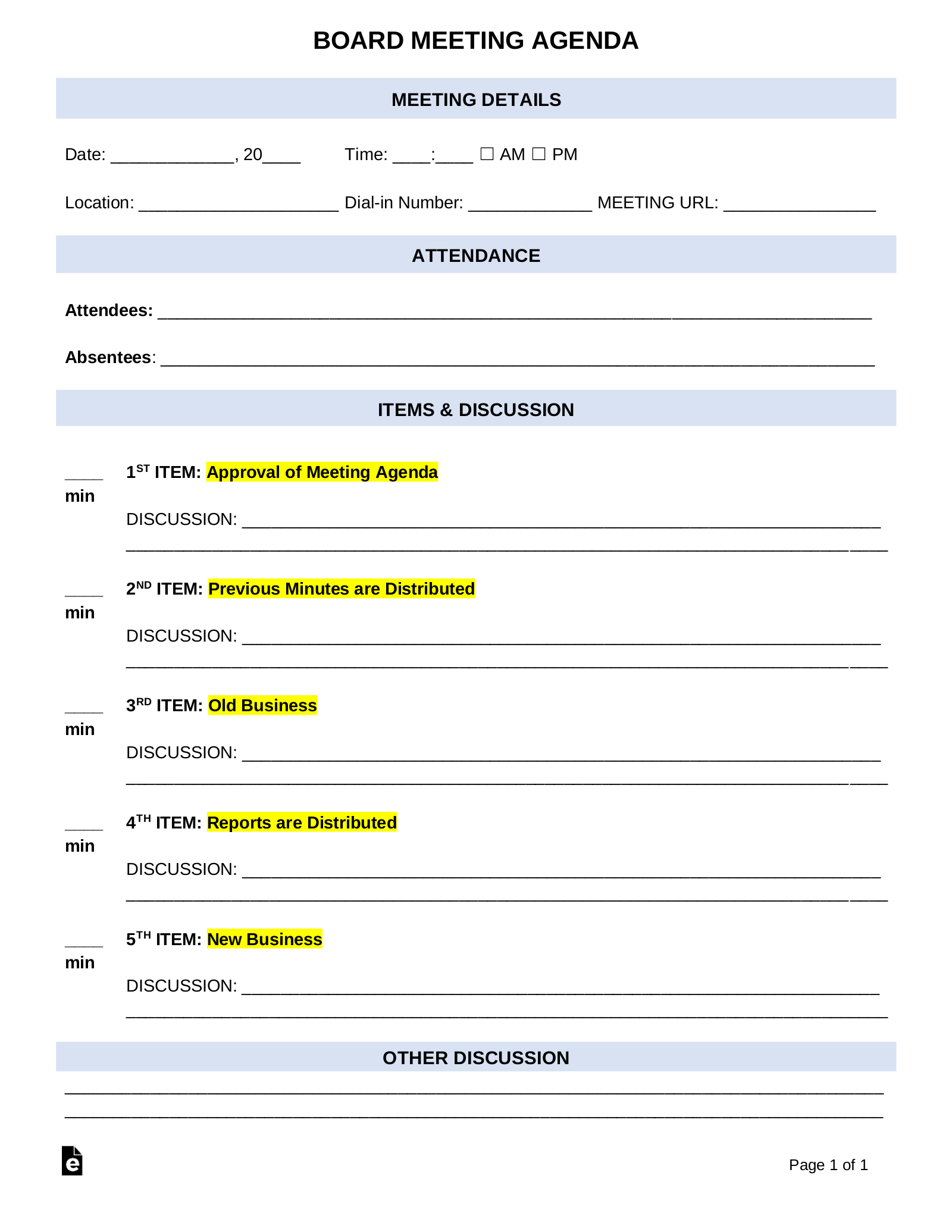 Board Meeting Agenda Template | Sample