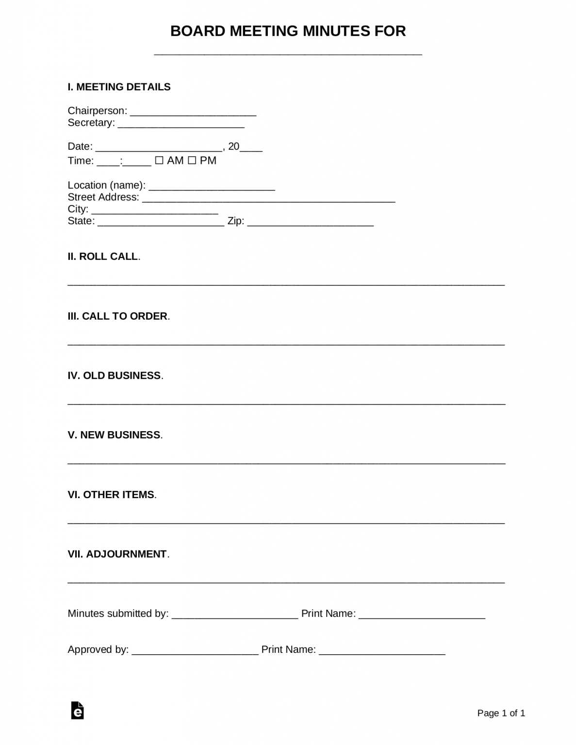 Free Board Meeting Minutes Template Sample PDF Word eForms