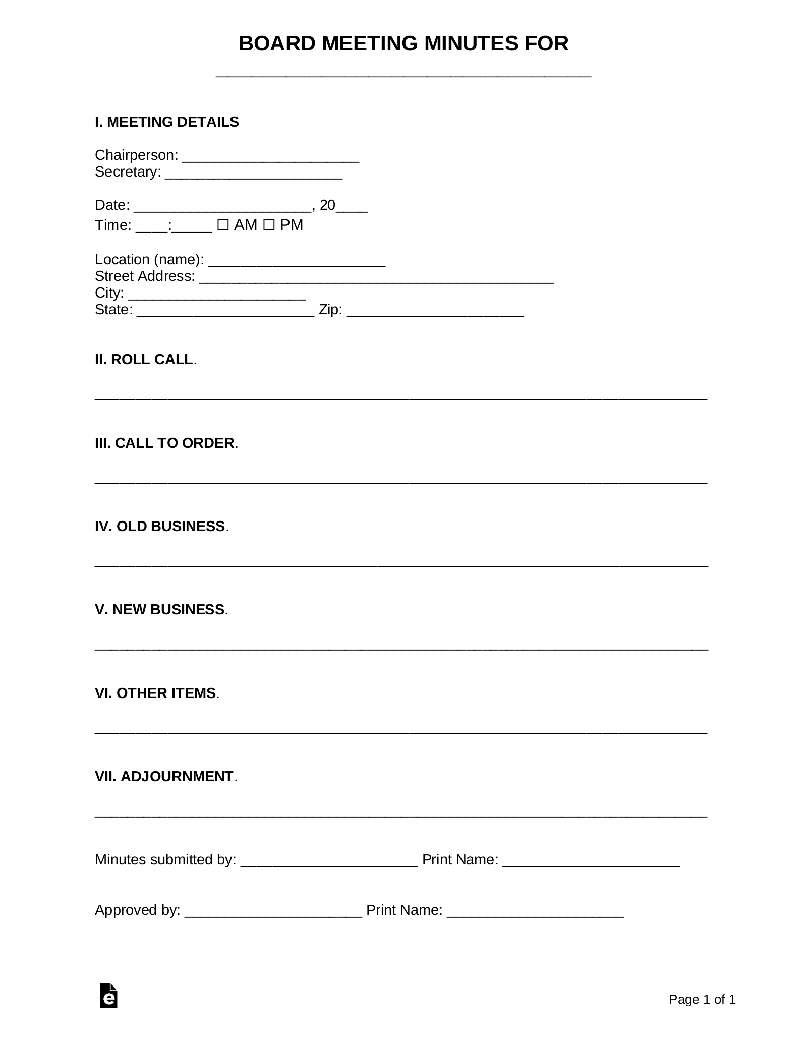 Free Board Meeting Minutes Template Sample PDF Word eForms