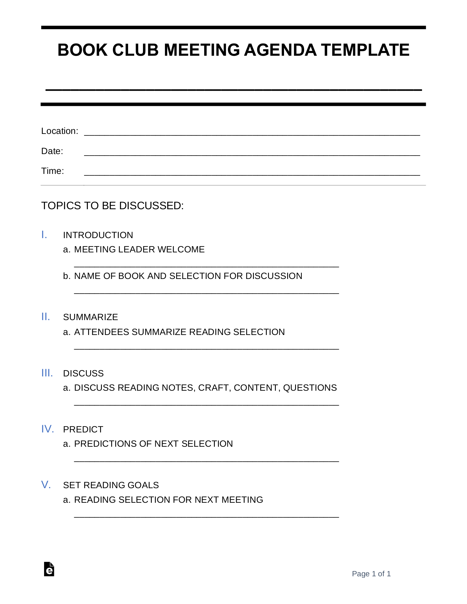 Free Book Club Meeting Agenda Template - PDF | Word – eForms