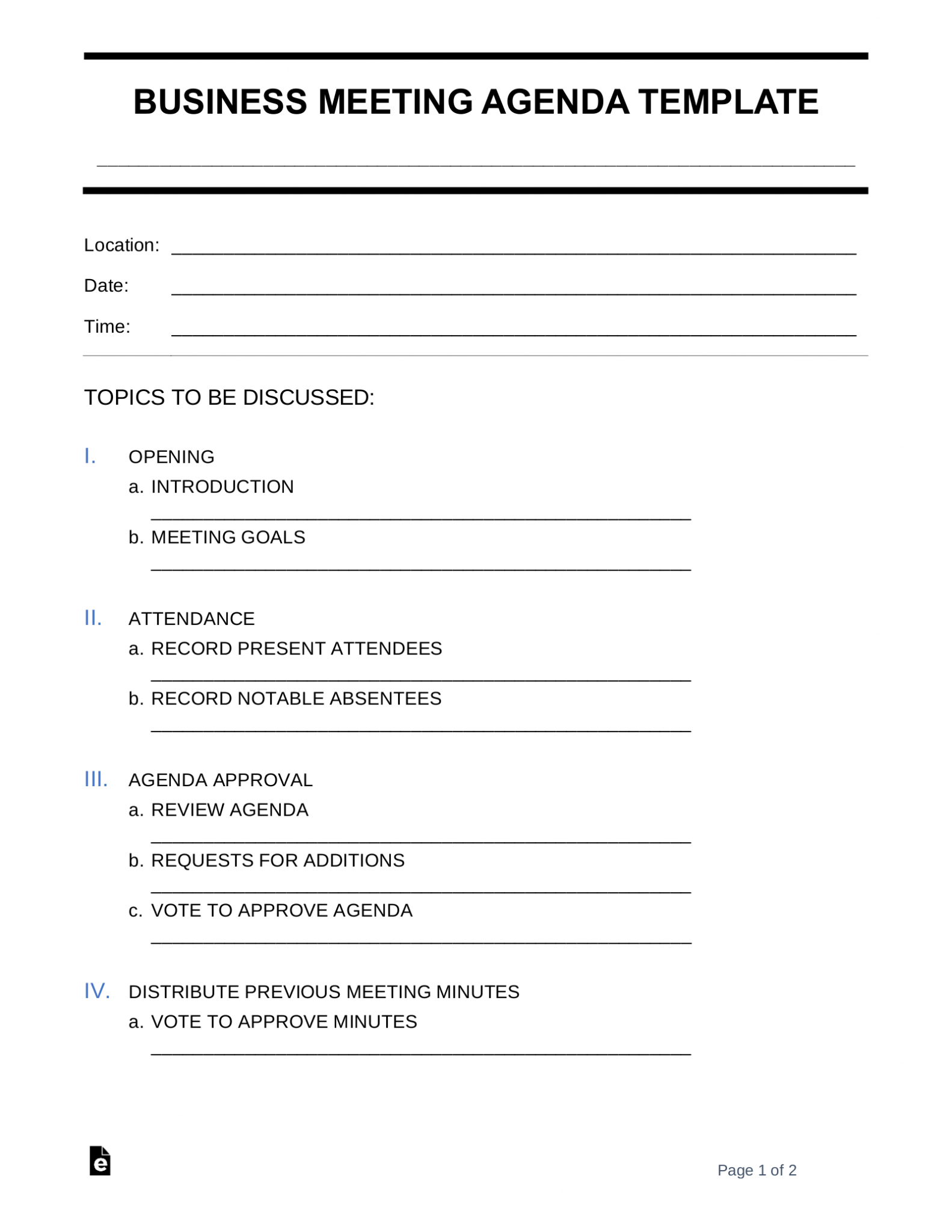 Free Business Meeting Agenda Template Sample PDF Word eForms