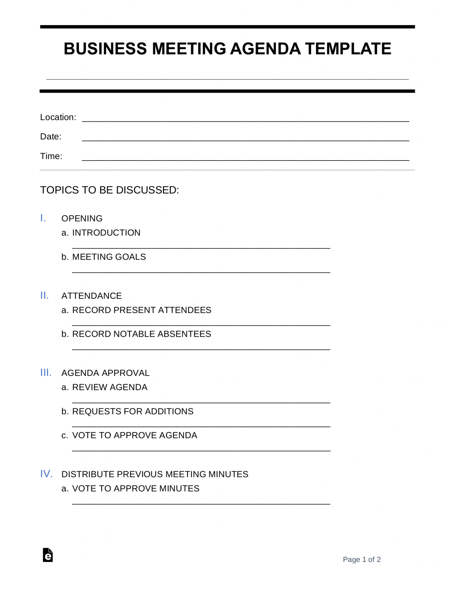 Free Business Meeting Agenda Template Sample PDF Word EForms