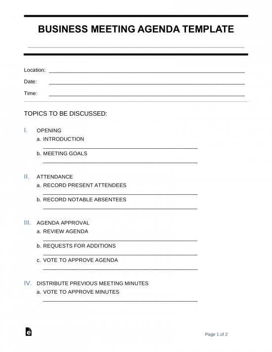 Free Business Meeting Agenda Template | Sample - PDF | Word – eForms