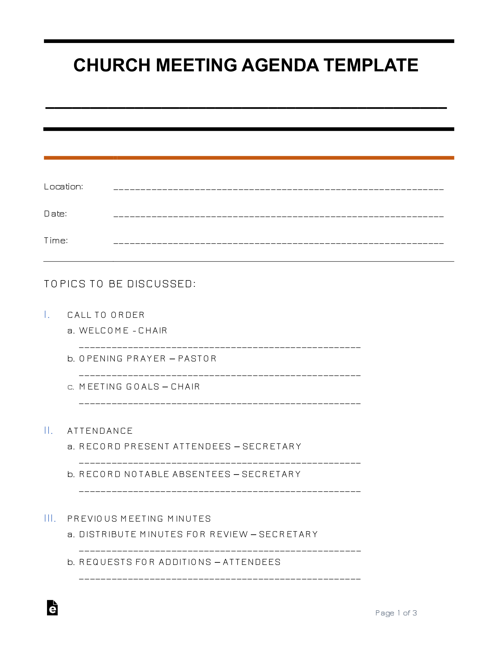 Free Church Meeting Agenda Template Sample PDF Word eForms