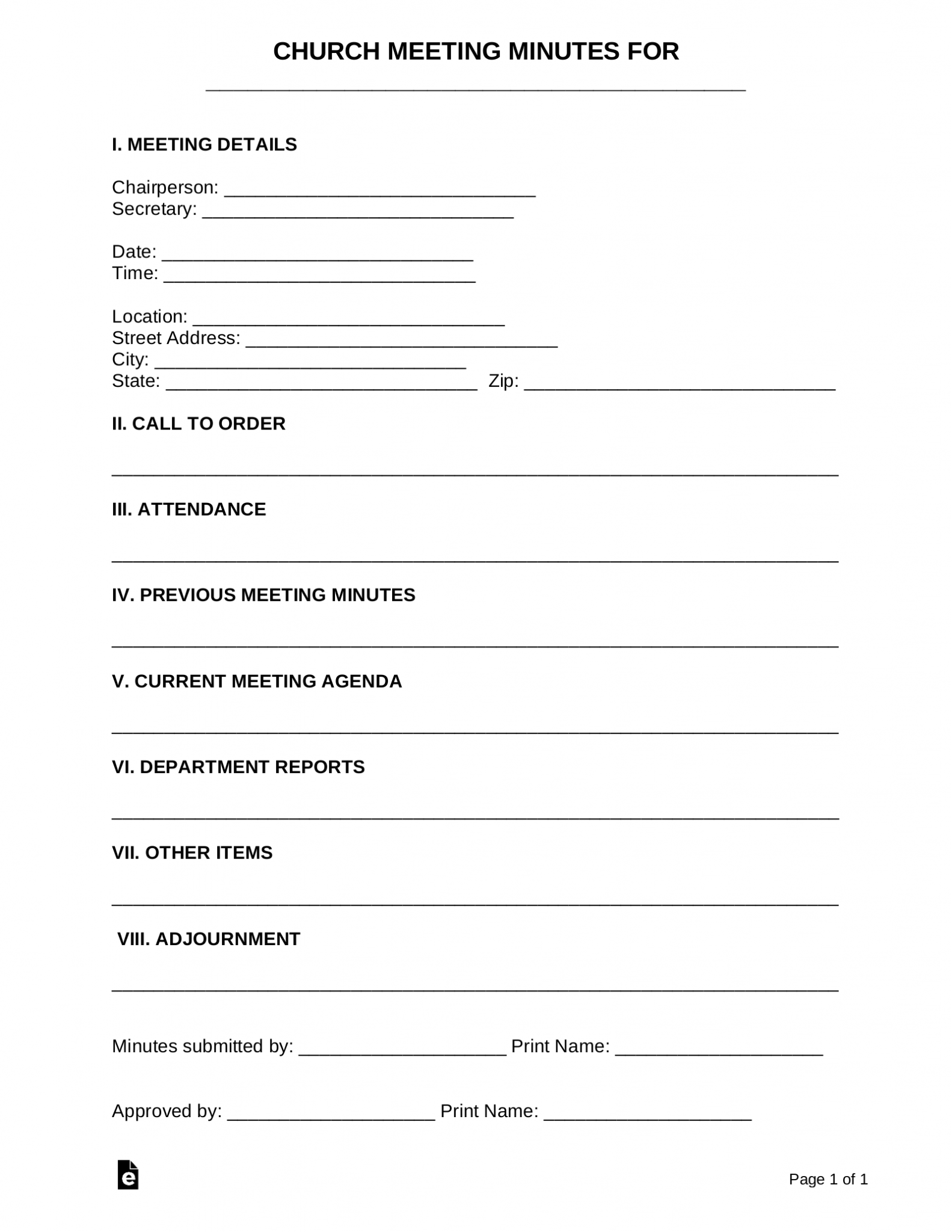 Free Church Meeting Minutes Template Sample PDF Word eForms