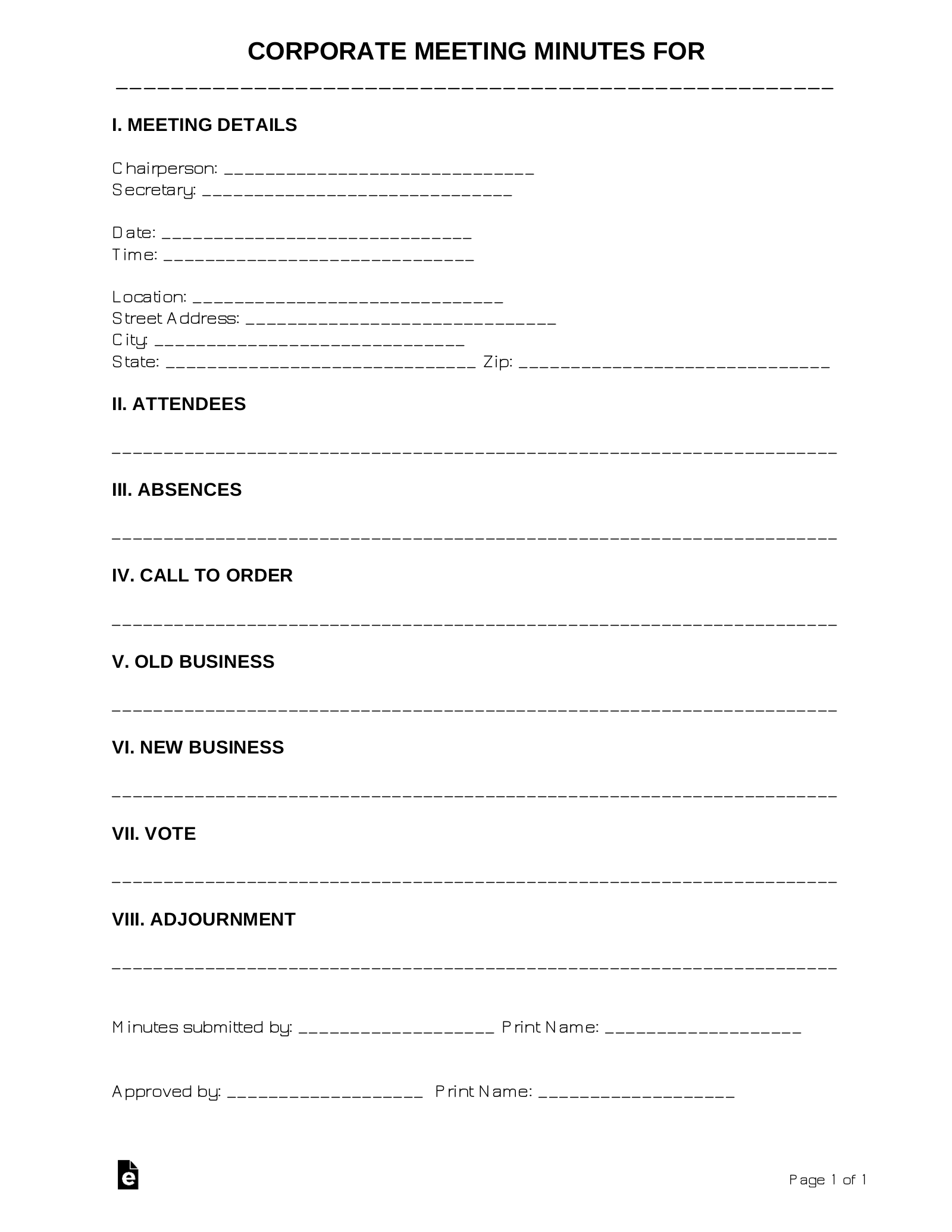 Free Corporate Meeting Minutes Template Sample Word PDF eForms