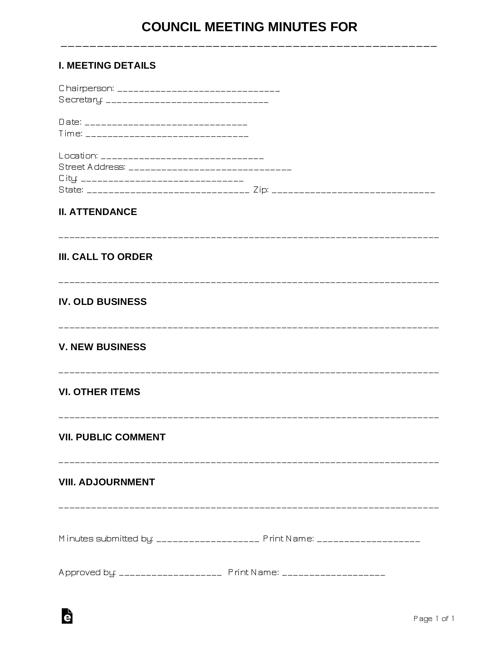 Free Council Meeting Minutes Template Sample PDF Word eForms