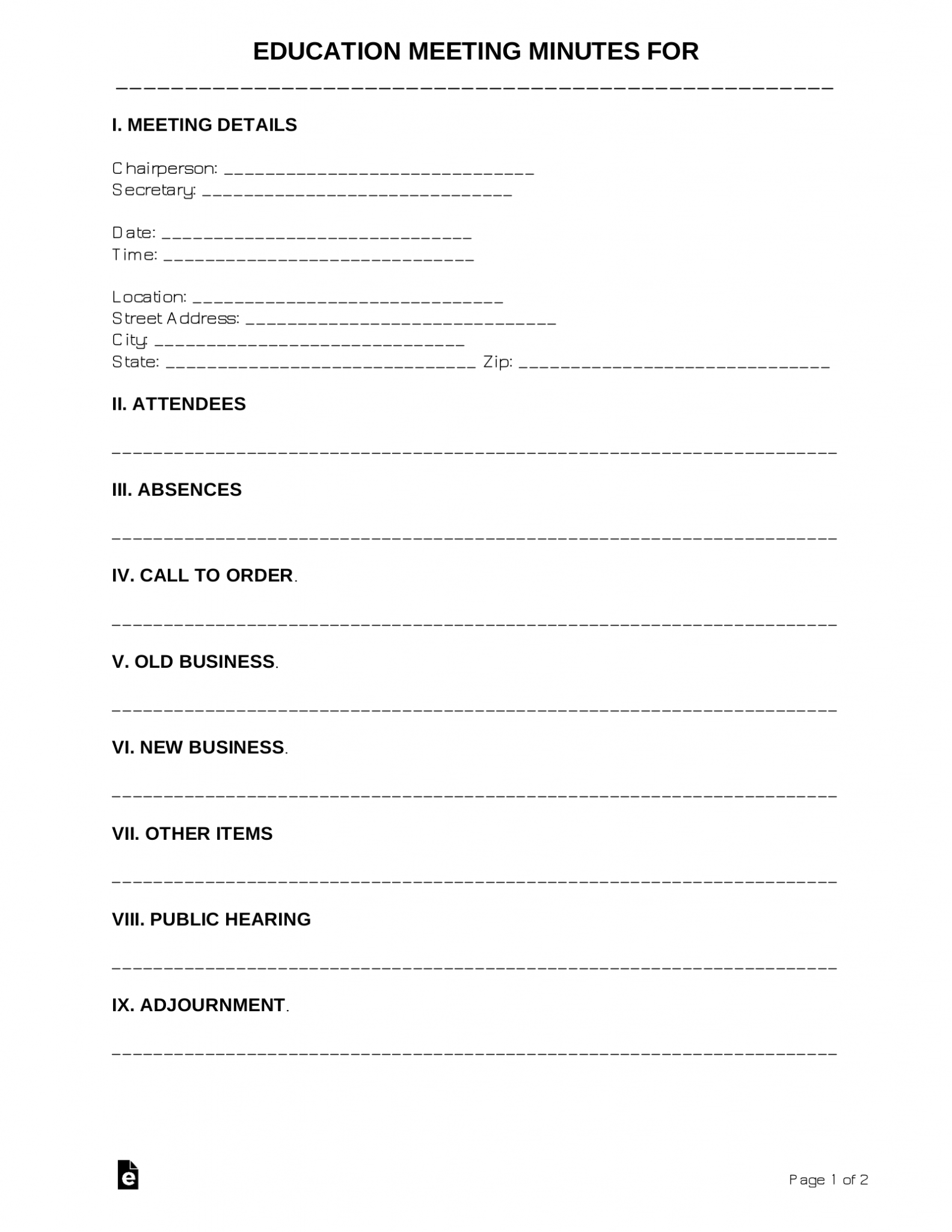 Free Education Meeting Minutes Template Sample PDF Word EForms