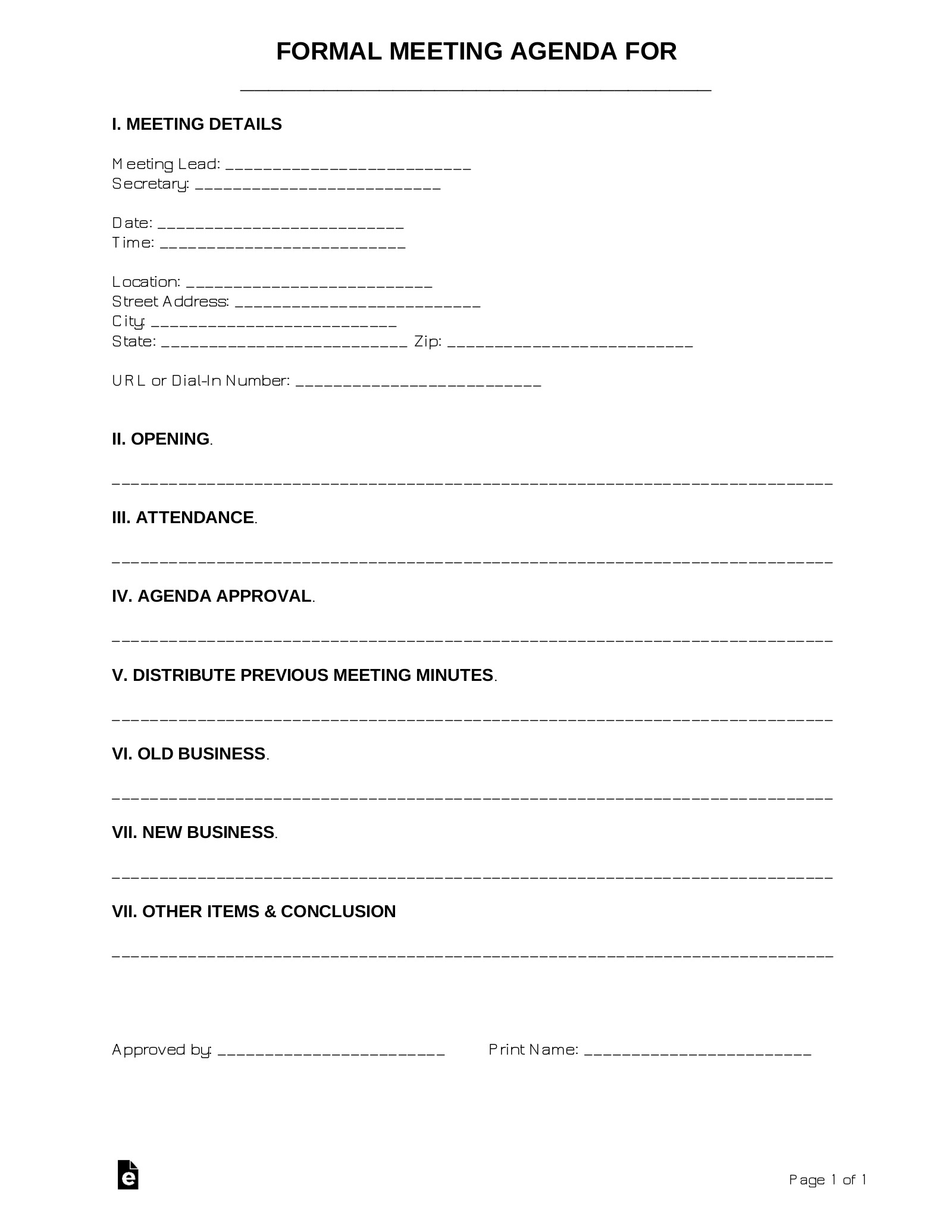 Free Formal Meeting Agenda Template Sample PDF Word eForms