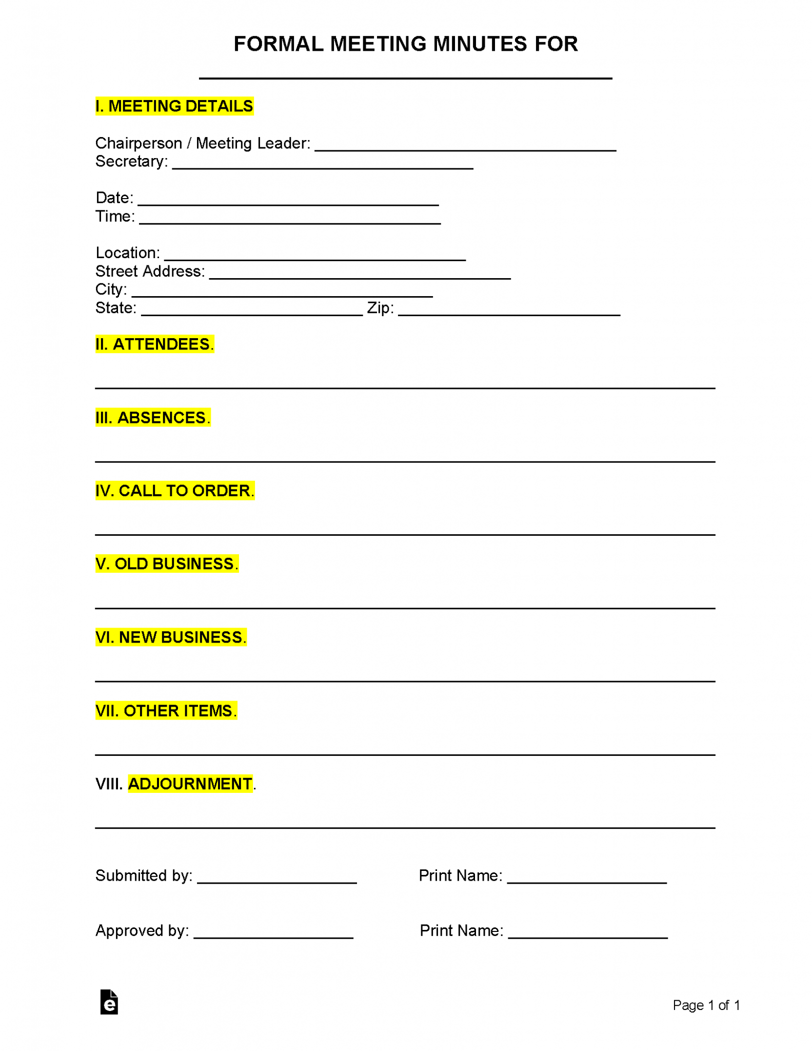 Free Formal Meeting Minutes Template Sample Pdf Word Eforms Riset