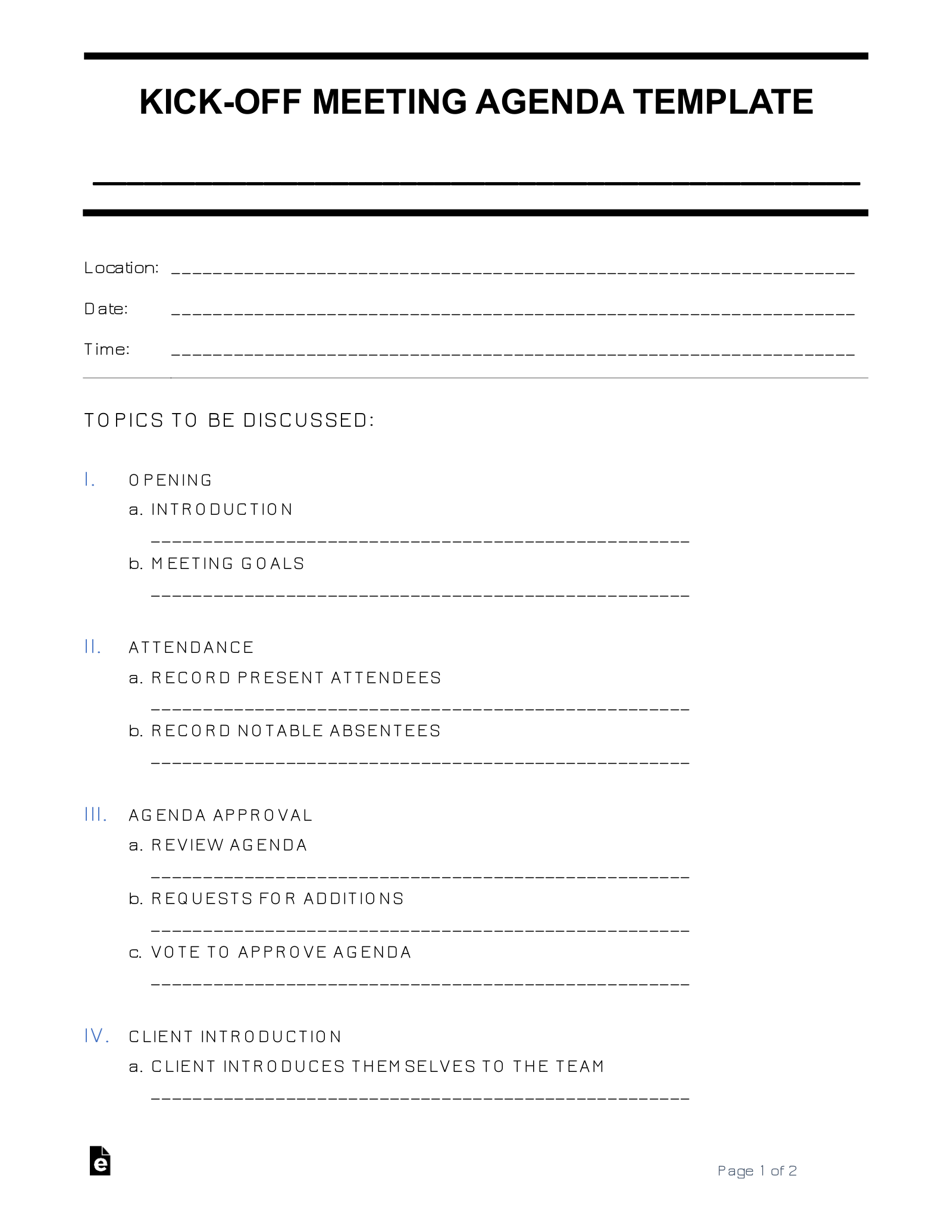 Free KickOff Meeting Agenda Template Sample PDF Word eForms