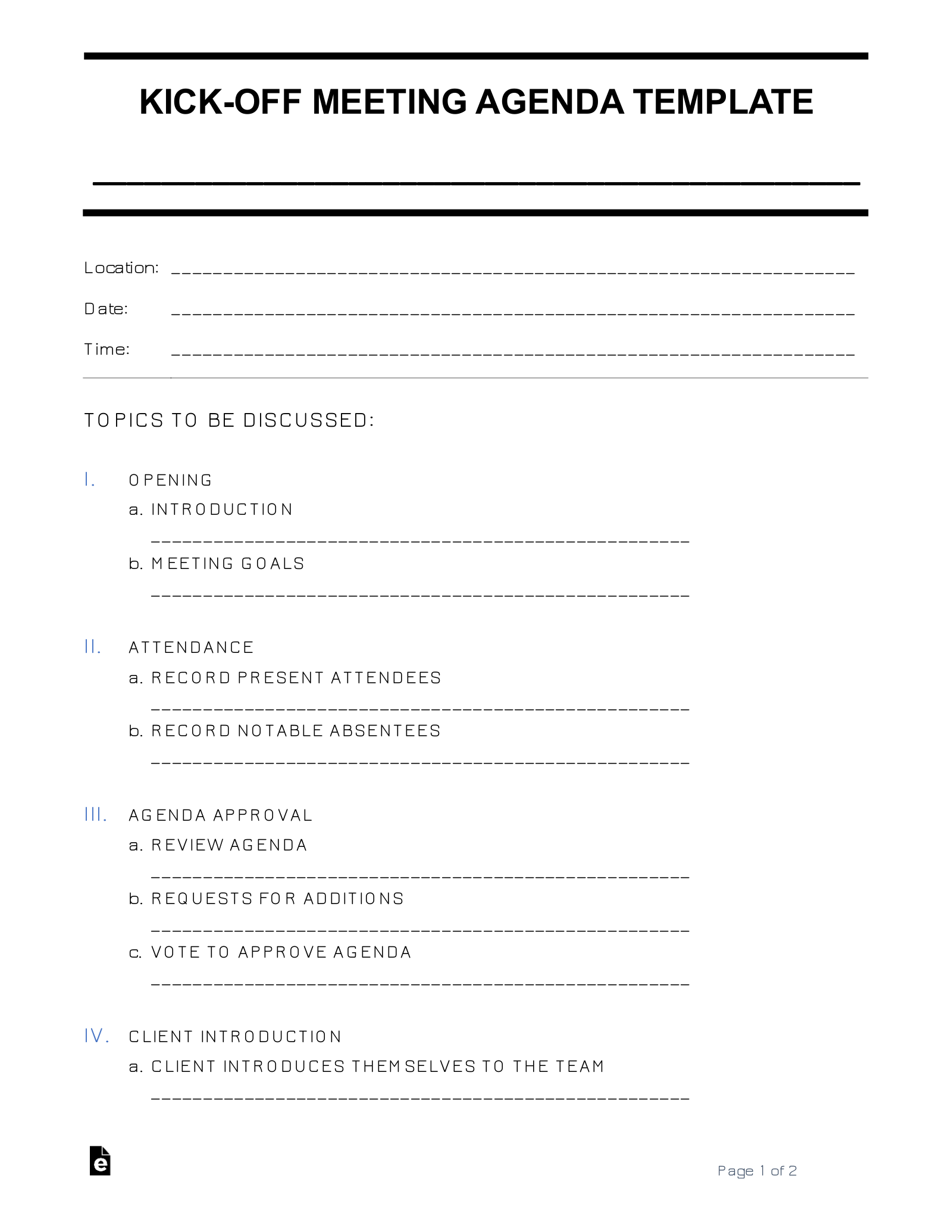 Free KickOff Meeting Agenda Template PDF Word eForms